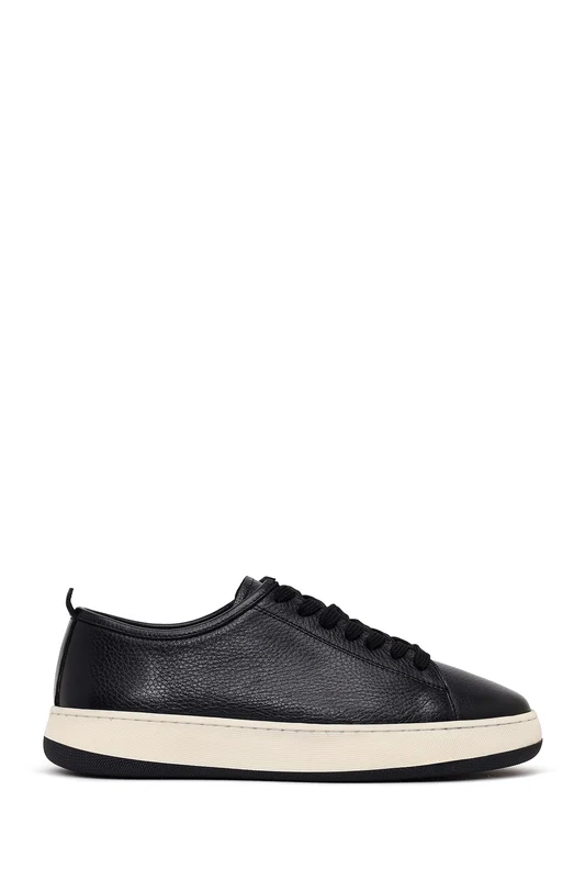 Erkek Siyah Bağcıklı Kalın Tabanlı Deri Sneaker Siyah / 40