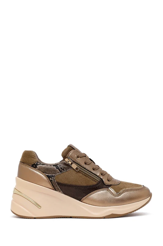 Kadın Vizon Bağcıklı Dolgu Topuklu Sneaker Vizon / 38