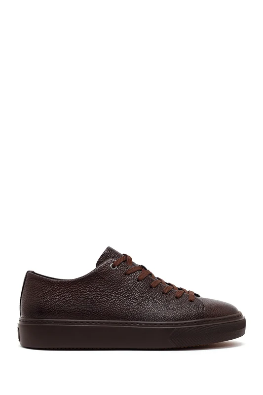 Erkek Kahverengi Bağcıklı Deri Sneaker Kahverengi / 44
