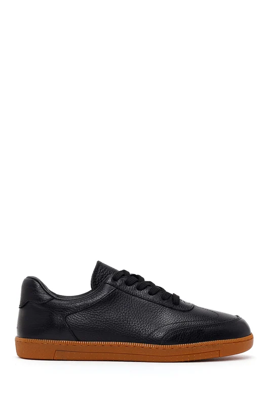 Erkek Siyah Bağcıklı Deri Sneaker Siyah / 43
