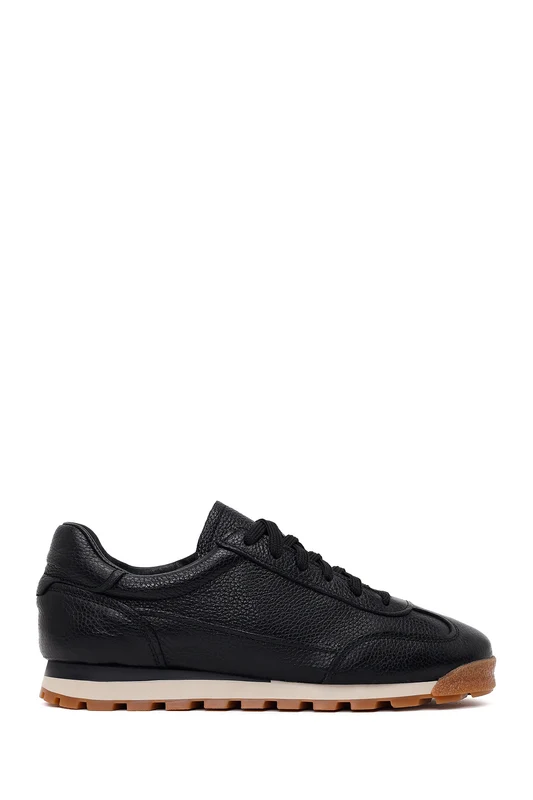 Erkek Siyah Bağcıklı Deri Sneaker Siyah / 42