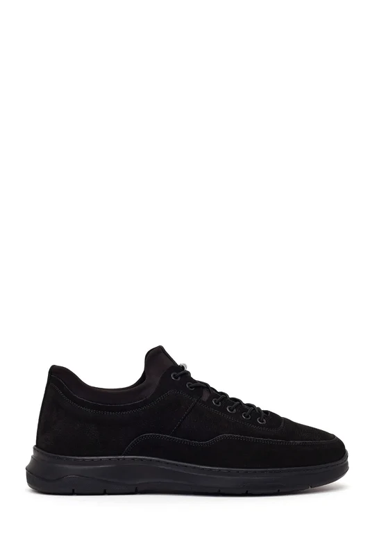 Erkek Siyah Bağcıklı Kalın Tabanlı Nubuk Deri Casual Sneaker Siyah / 41