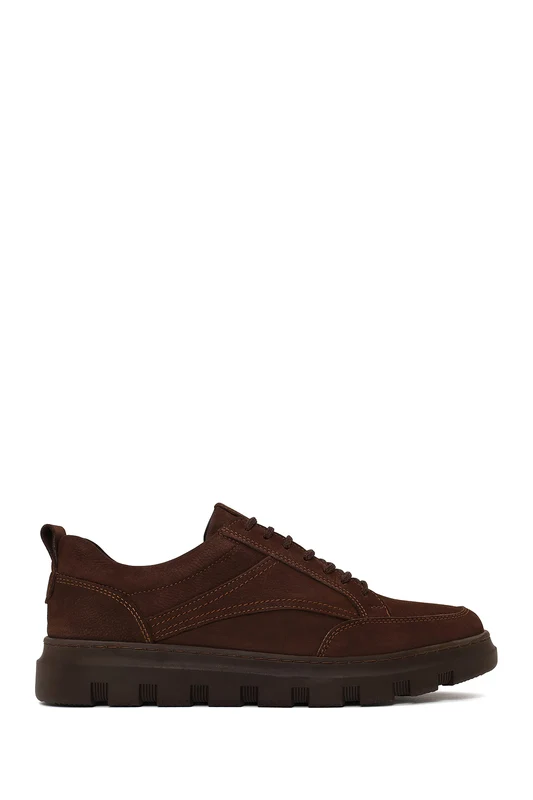 Erkek Kahverengi Bağcıklı Nubuk Deri Casual Sneaker Kahverengi / 44
