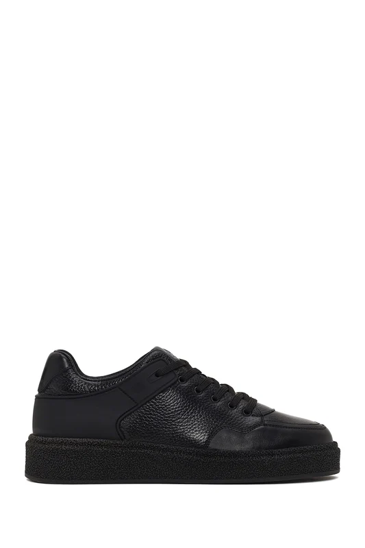 Erkek Siyah Bağcıklı Kalın Tabanlı Deri Sneaker Siyah / 41