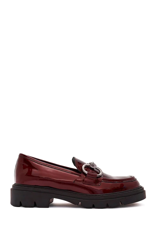 Kadın Bordo Toka Detaylı Rugan Deri Maskülen Loafer Bordo / 36