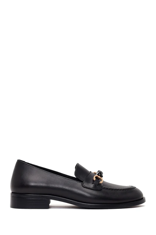 Kadın Siyah Tokalı Deri Maskülen Loafer Siyah / 37