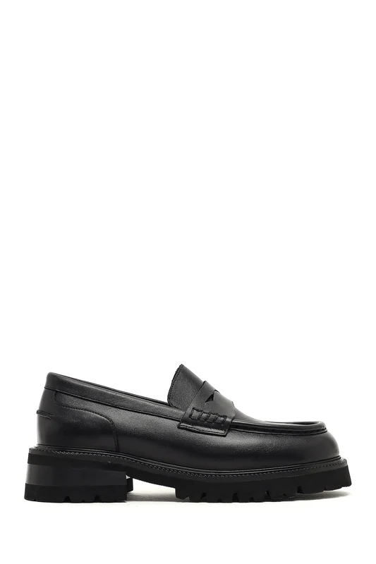 Kadın Siyah Kalın Tabanlı Deri Maskülen Loafer Siyah / 38
