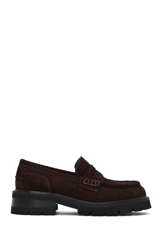 Kadın Kahverengi Kalın Tabanlı Süet Deri Loafer Kahverengi / 37