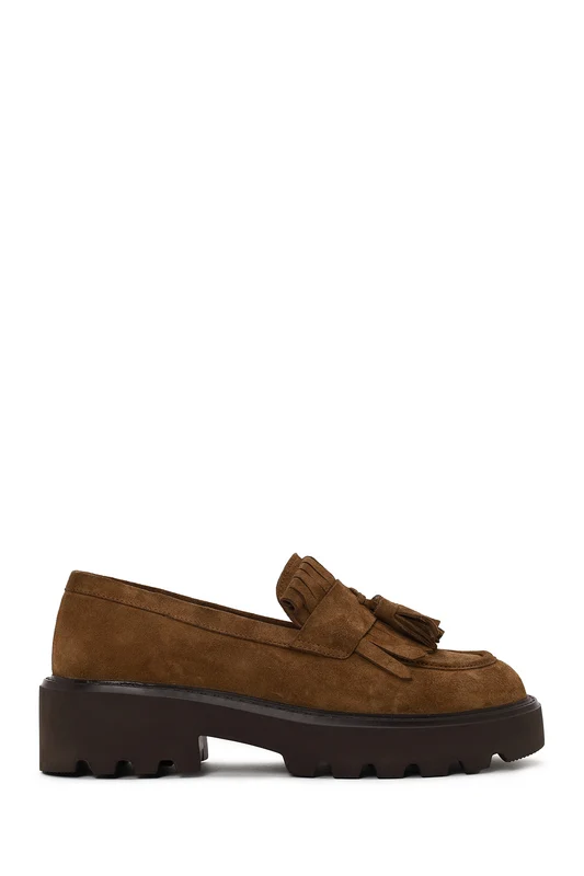 Kadın Camel Kalın Tabanlı Püsküllü Süet Deri Loafer Camel / 41