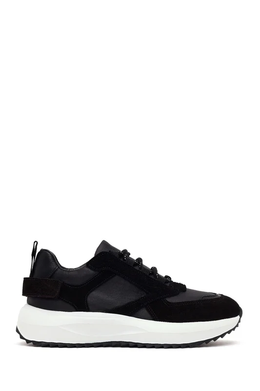 Kadın Siyah Bağcıklı Kalın Tabanlı Deri Sneaker Siyah / 36