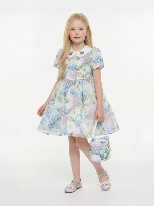 DRESS & Fleur Girls Floral Occasion Dress with Bag in Blue Blue / 6 Yrs