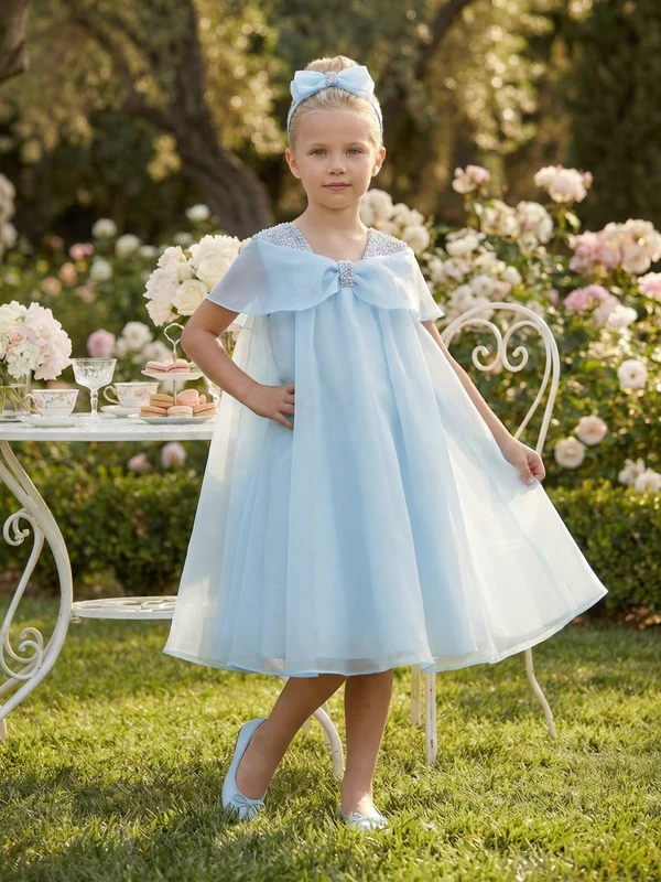 DRESS & Fleur Girls Chiffon Large Bow Dress in Blue Blue / 4 Yrs