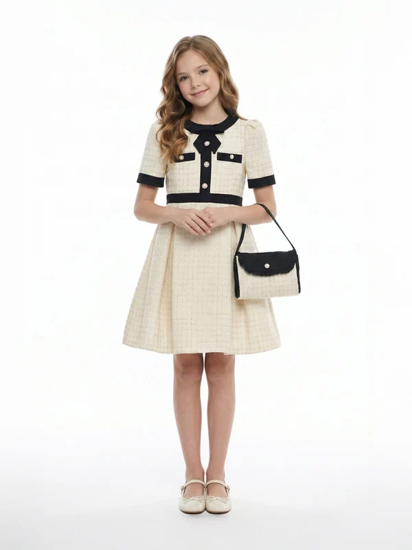 FLOREL Girls Tweed Dress in Ivory Ivory / 14 - 15 Yrs