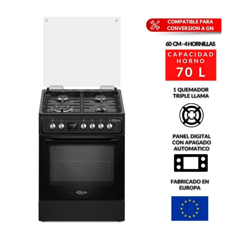 Cocina de Pie a Gas Klimatic Venti 4 Hornillas Acero Negro 60cm con Horno 70L