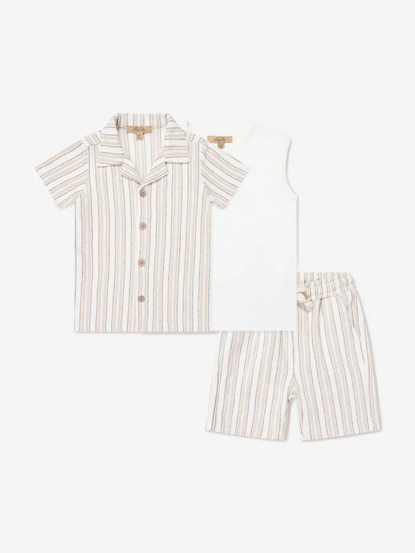 Bel-Air Boys Striped Shirt and Shorts Set in Beige Beige / 12 - 13 Yrs