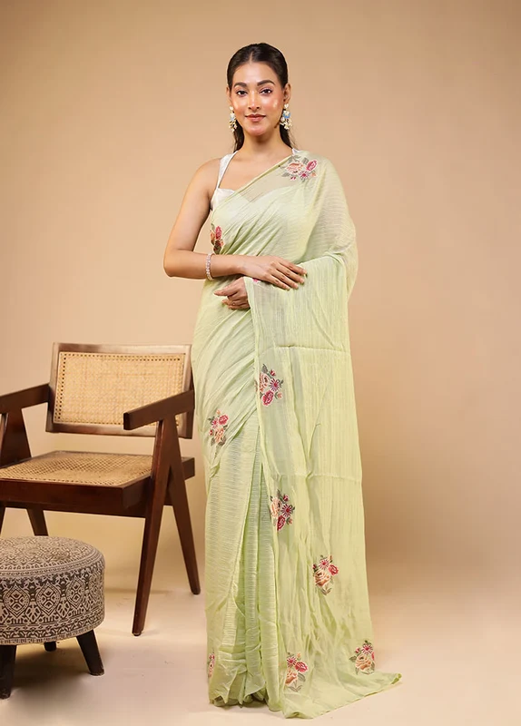 Green Handloom Pure Cotton Saree With Blouse Piece One Size