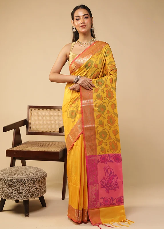 Yellow Dupion Silk Saree With Blouse Piece One Size