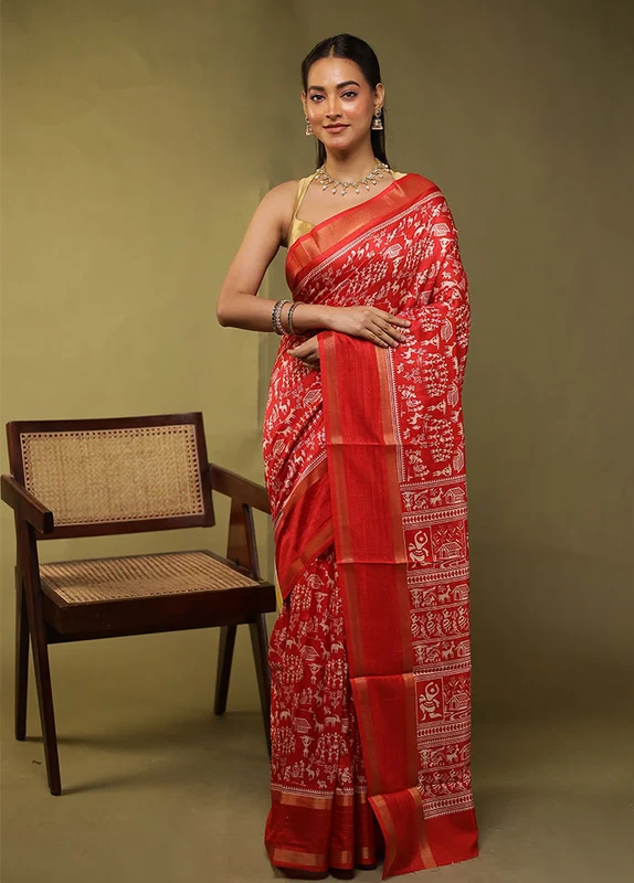 Red Chanderi Cotton Saree With Blouse Piece One Size