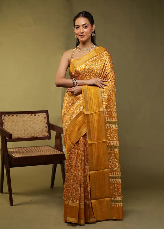Yellow Chanderi Cotton Saree With Blouse Piece One Size