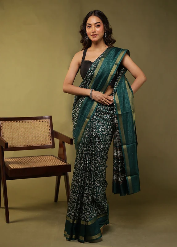 Green Chanderi Cotton Saree With Blouse Piece One Size