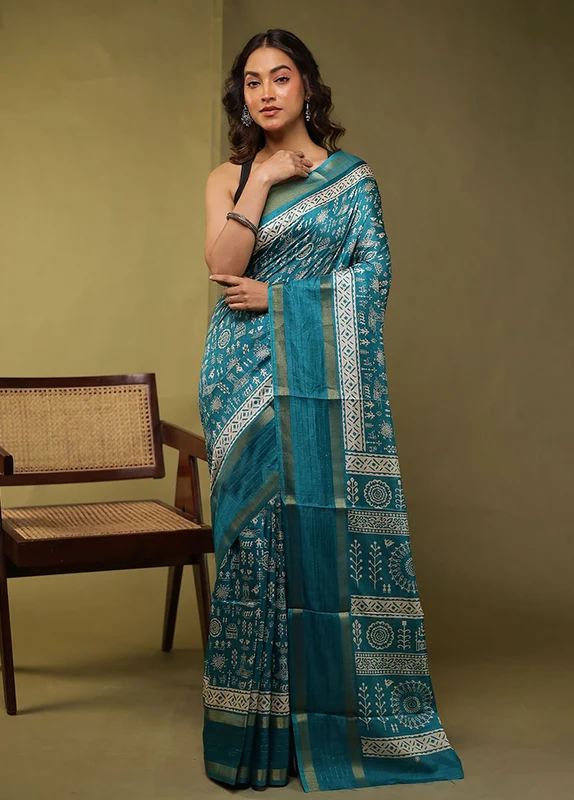 Green Chanderi Cotton Saree With Blouse Piece One Size