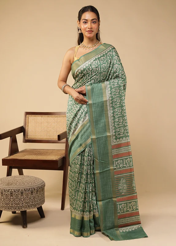 Green Chanderi Cotton Saree With Blouse Piece One Size