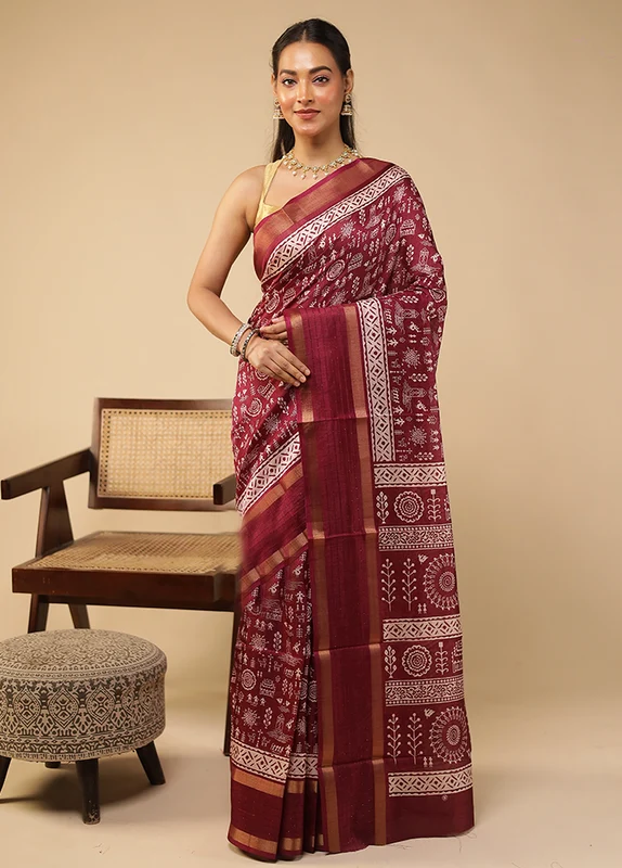 Purple Chanderi Cotton Saree With Blouse Piece One Size