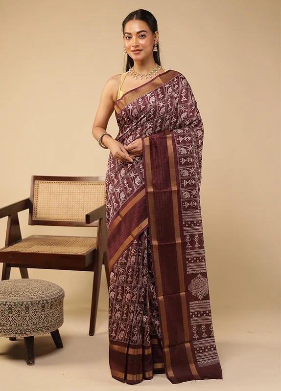 Brown Chanderi Cotton Saree With Blouse Piece One Size
