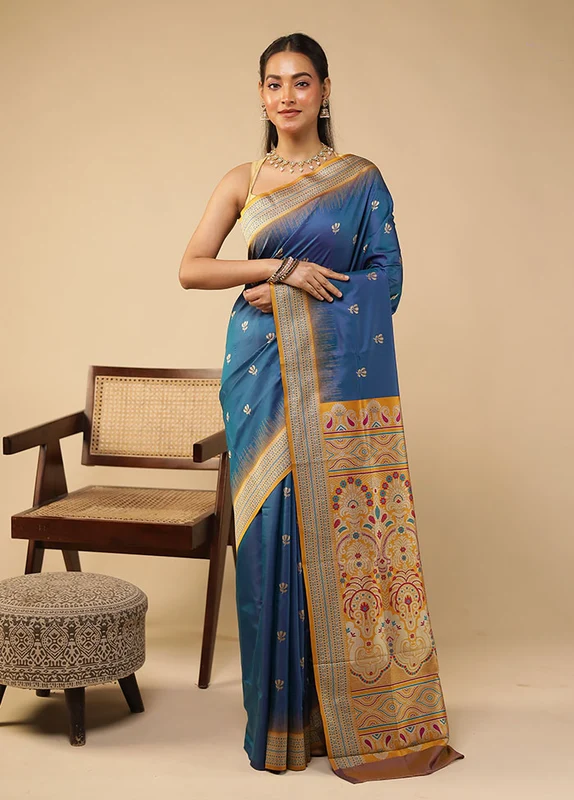 Blue Bomkai Silk Saree Without Blouse Piece One Size