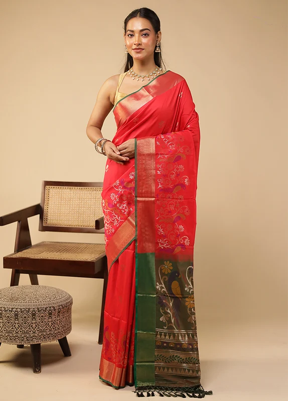 Red Dupion Silk Saree With Blouse Piece One Size