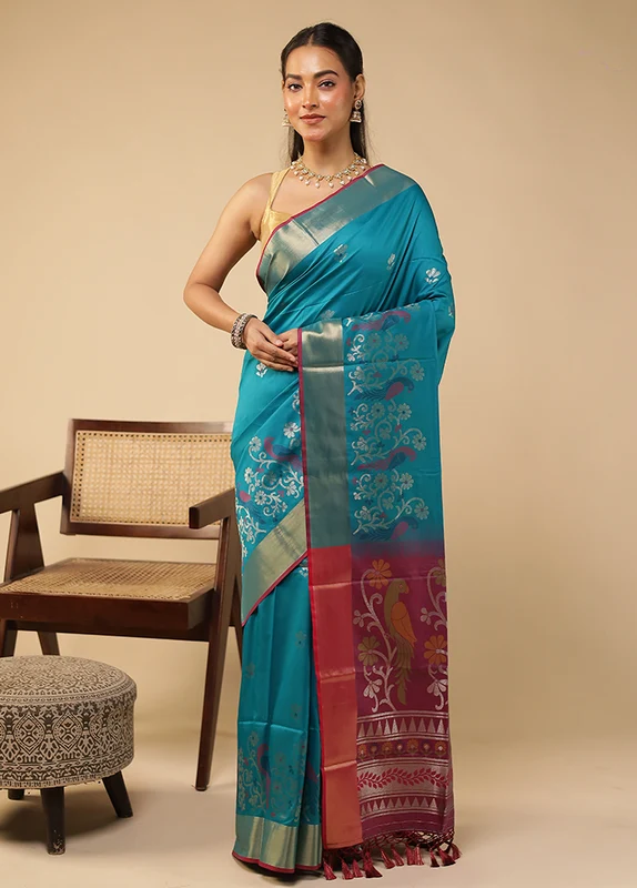 Blue Dupion Silk Saree With Blouse Piece One Size