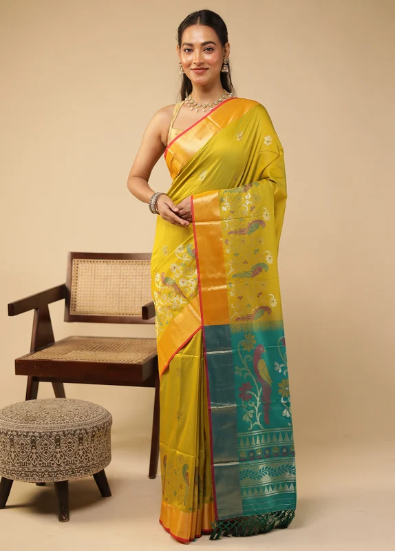 Yellow Dupion Silk Saree With Blouse Piece One Size