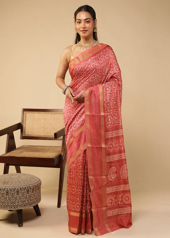 Pink Chanderi Cotton Saree With Blouse Piece One Size