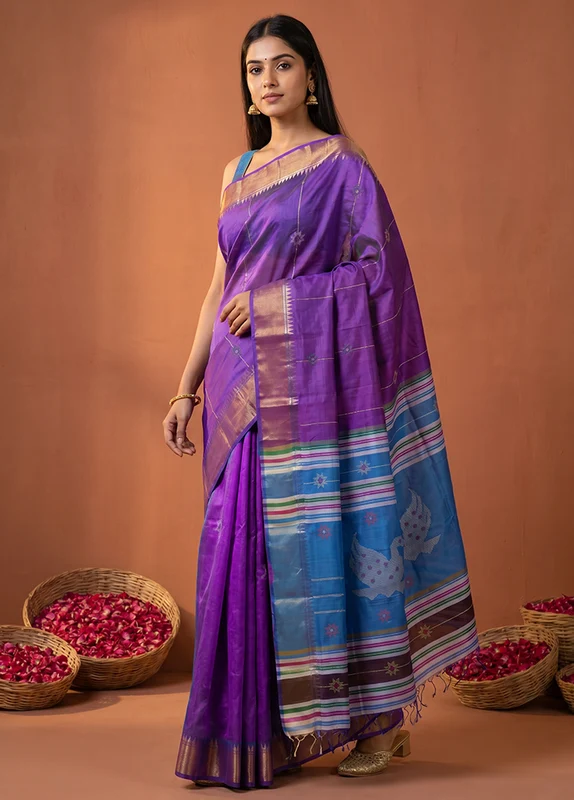 Multicolor kalakshetra Pure Silk Saree With Blouse Piece One Size