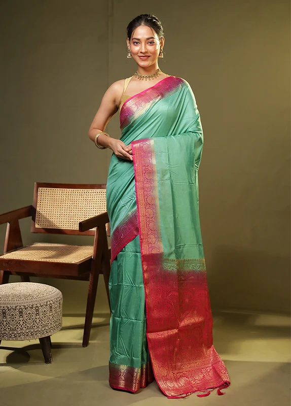 Green Dupion Silk Saree With Blouse Piece One Size