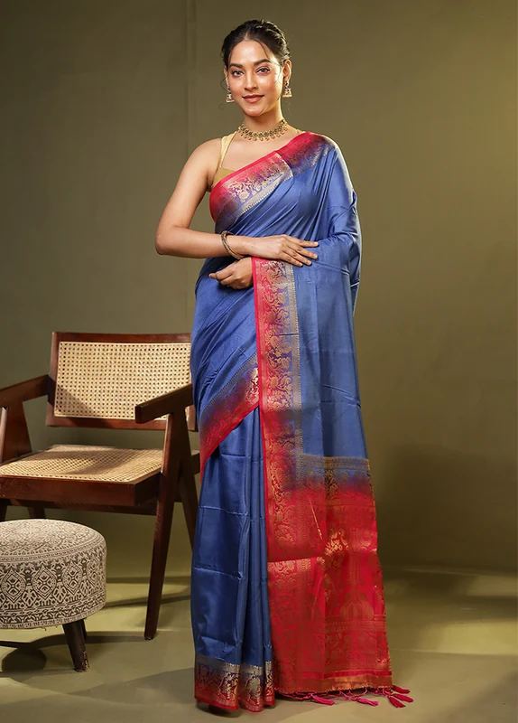 Blue Dupion Silk Saree With Blouse Piece One Size