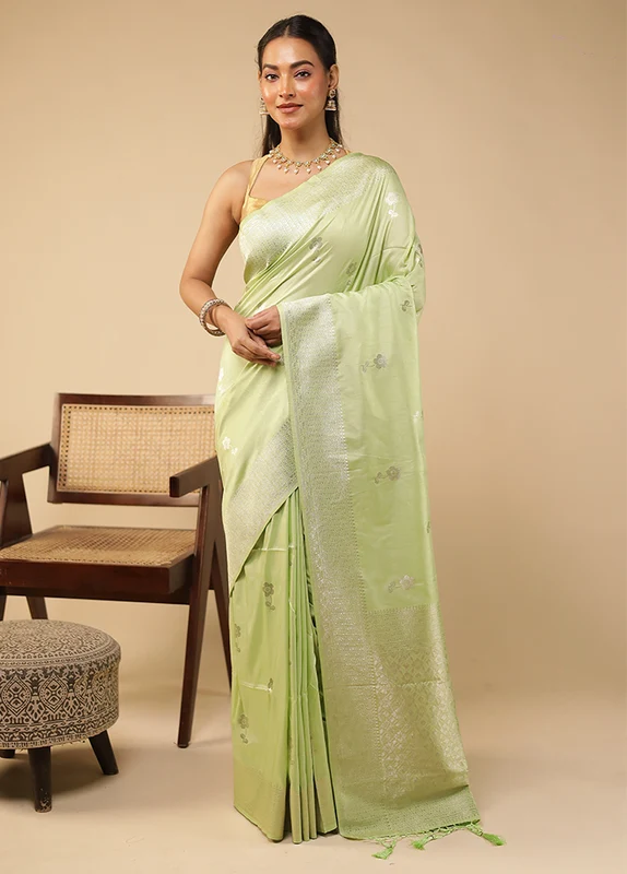 Green Dupion Silk Saree With Blouse Piece One Size