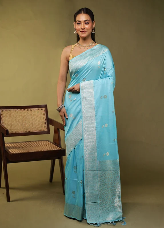 Blue Dupion Silk Saree With Blouse Piece One Size