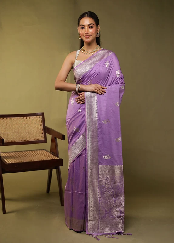 Purple Dupion Silk Saree With Blouse Piece One Size