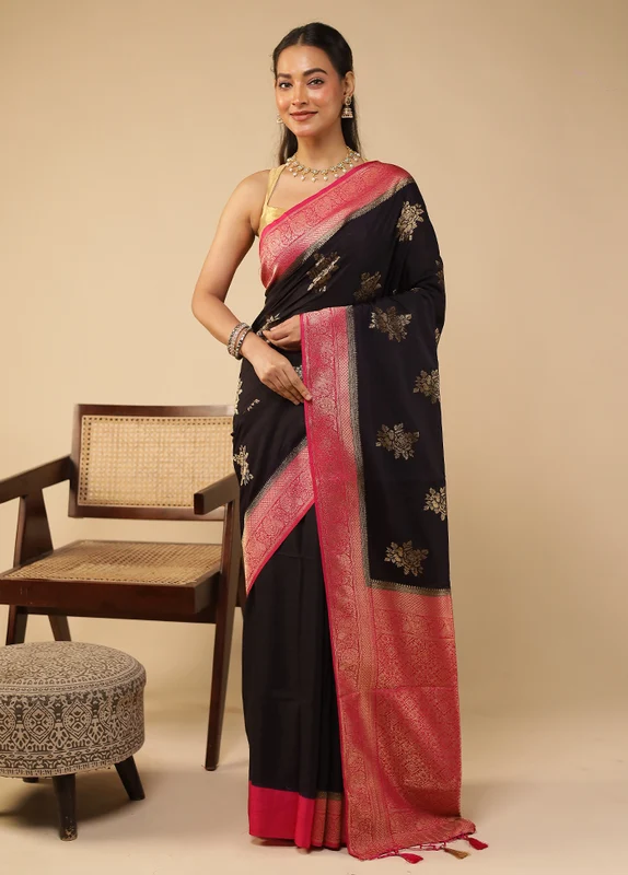 Black Dupion Silk Saree With Blouse Piece One Size