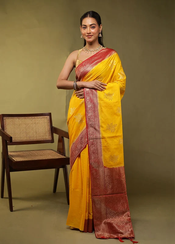 Yellow Dupion Silk Saree With Blouse Piece One Size