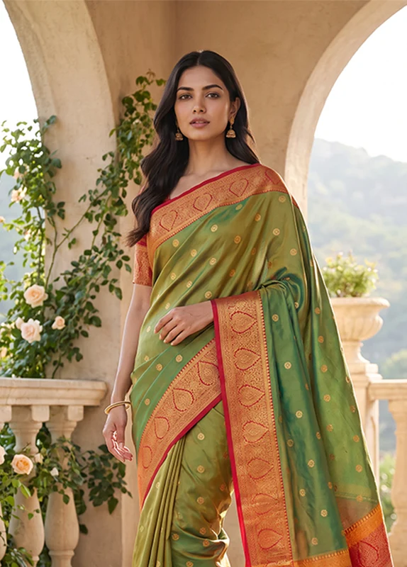 Green Handloom Kanjivaram Pure Silk Saree With Blouse Piece One Size