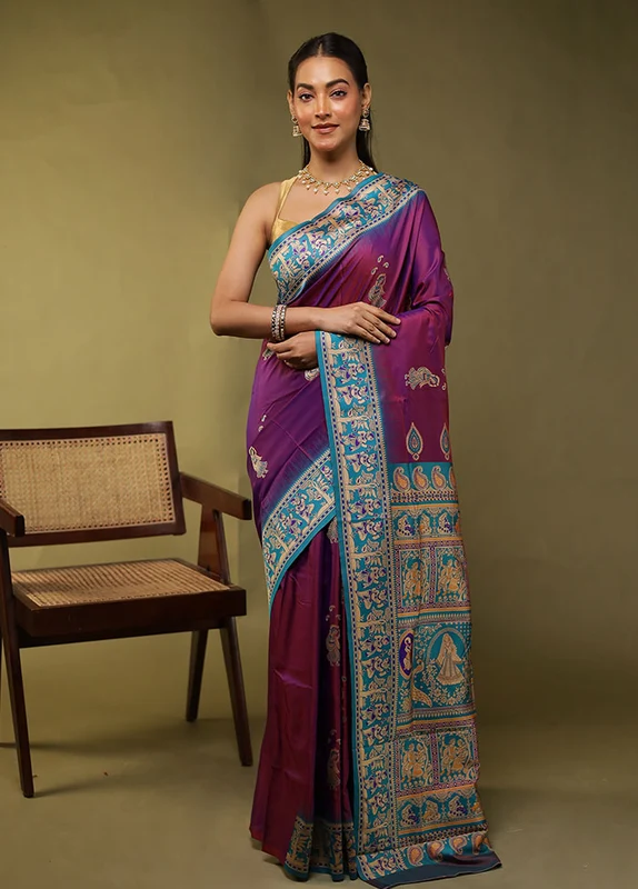 Purple Bomkai Silk Saree Without Blouse Piece One Size