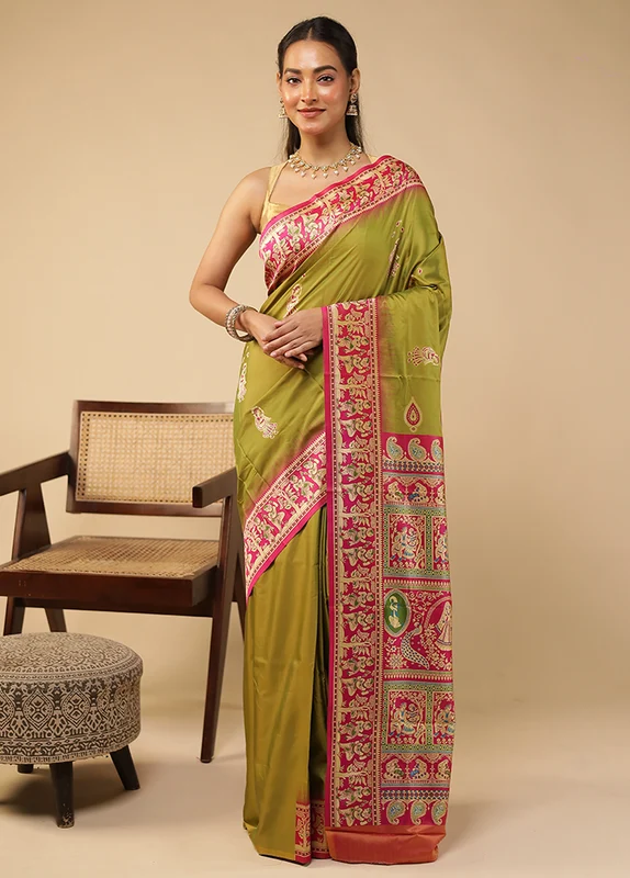 Green Bomkai Silk Saree Without Blouse Piece One Size