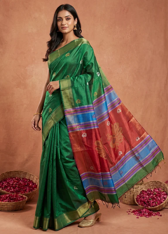 Multicolor kalakshetra Pure Silk Saree With Blouse Piece One Size