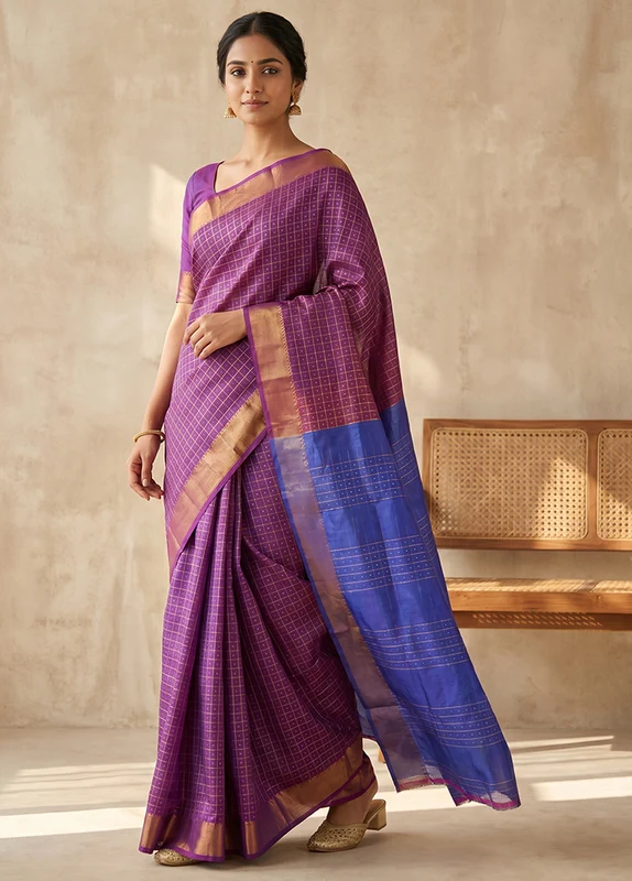 Purple kalakshetra Silk Saree With Blouse Piece One Size