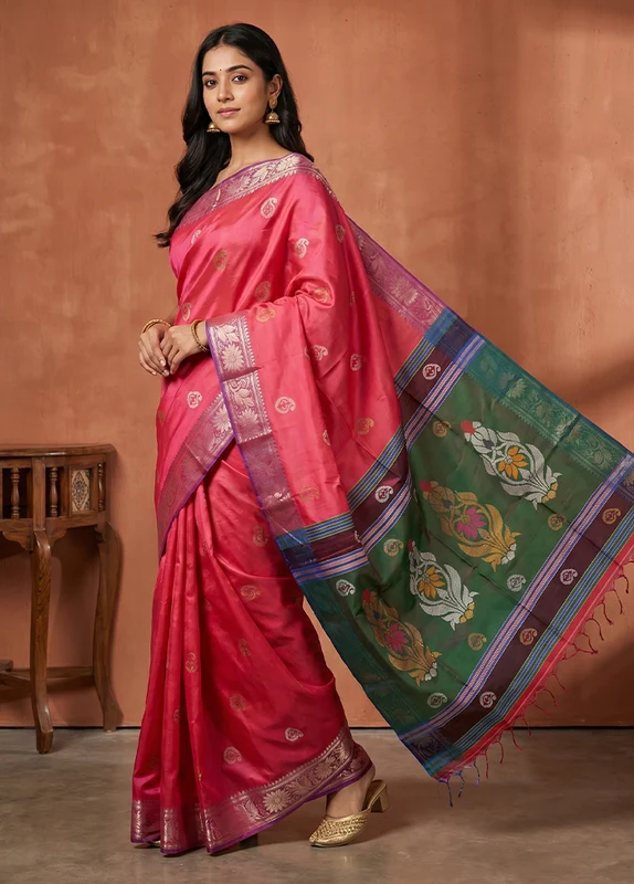 Multicolor kalakshetra Pure Silk Saree With Blouse Piece One Size