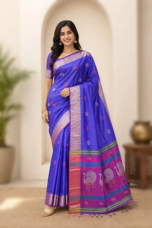 Multicolor kalakshetra Silk Saree With Blouse Piece One Size