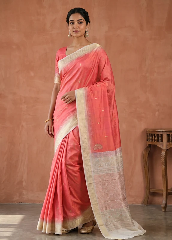 Pink Handloom Bomkai Pure Silk Saree With Blouse Piece One Size