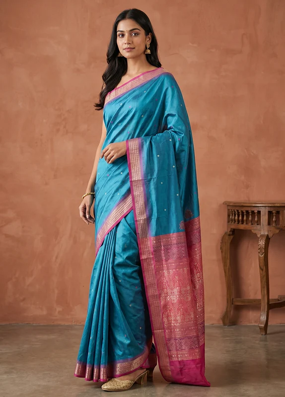 Blue Handloom Bomkai Pure Silk Saree With Blouse Piece One Size